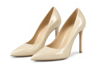 Nude high heels with pointed toes and stiletto showing elegant patent leather fashion footwear on transparent background