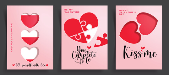 Happy Valentine's day greeting card clipart poster set. Valentine's greeting card clip art with heart shape puzzle decoration elements for heart's day invitation banner collection vector illustration.