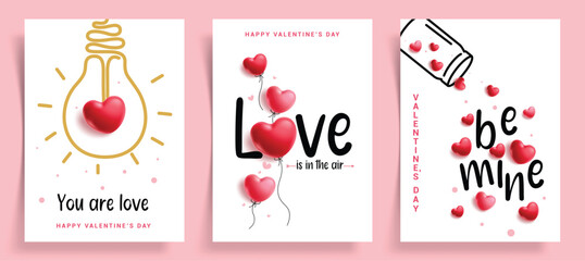 Valentine's card greeting clipart poster set. Love is in the air, you are love and be mine greeting text with heart shape balloons floating for Valentine's day banner invitation card clip art 