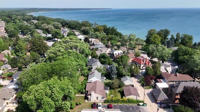 Aerial view of suburban Whitefish Bay including Buckley and Big Bay Park along with Lake Michigan.