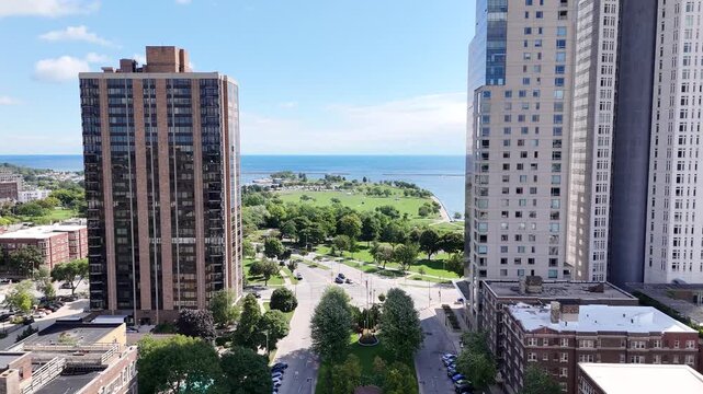 Aerial view of Kilbourn Avenue, Kilbourn Tower and the Regency House along with Juneau Park, Veterans Park, McKinley Marina and Lake Michigan. 22 seconds taken August 2025.