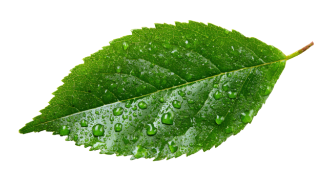 Green leaf with fresh water drops on surface, representing nature, ecology, purity, and growth, isolated on transparent background - Powered by Adobe