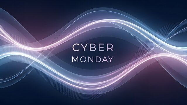 Abstract background with glowing blue and purple wavy light lines surrounding 'CYBER MONDAY' text, symbolizing digital sales and technology.
