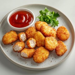 Crispy golden chicken nuggets in a white bowl, garnished with herbs and served with ketchup on a white background.