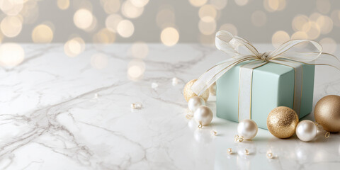Pastel Mint Christmas Gift Background with Pearl Ornaments on Marble Surface