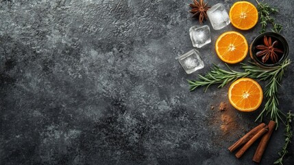 Citrus drink with orange and spices on stone table. Top view with copy space
