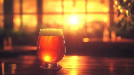 A glass of beer on a table in a pub at sunset.