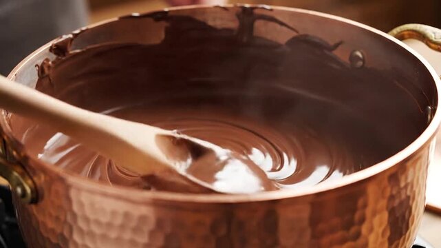 Mesmerizing swirl patterns forming as chocolate is stirred in copper pot