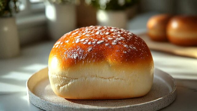 Freshly baked bread loaf on a plate with soft lighting and background