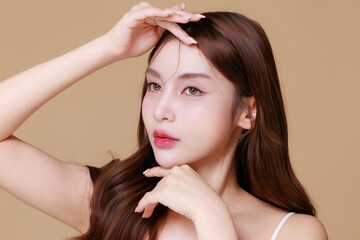 Fototapeta premium Beautiful Young Asian Woman with Healthy Skin Natural Makeup. Skincare Beauty Concept.