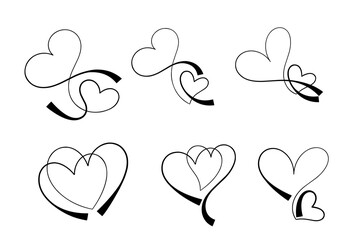 Minimalist Continuous Line Duo Heart Illustration Set. One Line Image of Two Connected Hearts Vector Design.
