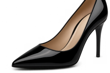Black patent leather high heel stiletto shoe for elegant fashion and glamour, isolated on transparent background