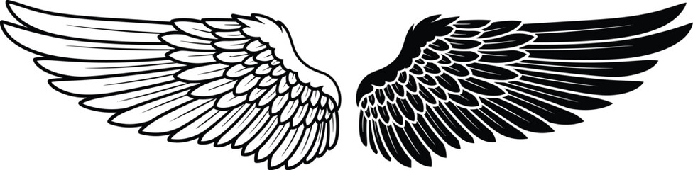 Vector illustration of a pair of decorative spread wings, one in black outline and one solid fill, symbolizing freedom, divinity, angel mythology, flight