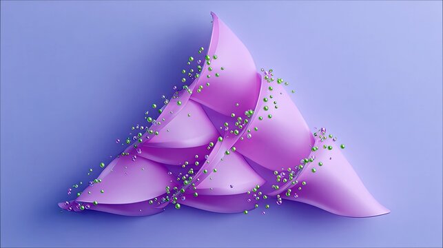 An abstract composition featuring a pink, ribbon-like sculpture adorned with small green spheres, set against a soft purple background.
