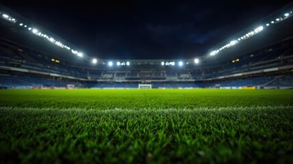 A vibrant soccer stadium at night, illuminated by powerful spotlights, showcasing a lush green playing field.