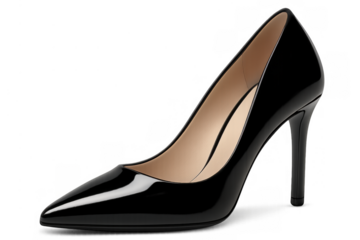 Black patent leather high heel pump shoe for women, formal elegant footwear for fashion, glamour, and style, transparent background