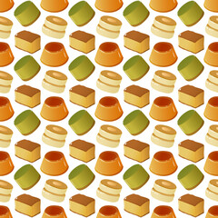 Japanese Dessert Seamless Pattern Pudding Flan Matcha Sweets