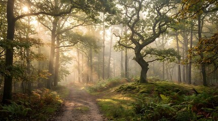 Obraz premium Wide or medium shot of forests or trees with soft sunlight and mist, highlighting natural layers for serene, immersive and versatile stock imagery.
