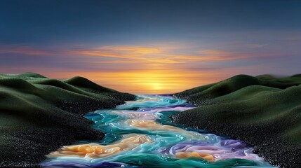 An abstract image of a river flowing through green hills under a colorful sunset sky. The river is made of colorful, flowing materials.
