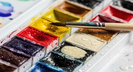 Watercolor Palette with Brush, Vibrant Colors and Water Droplets, Artistic Close-up.