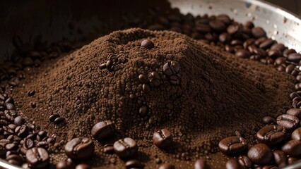 A close-up view of coffee grounds piled high, surrounded by coffee beans, showcasing a rich, dark brown color palette.
