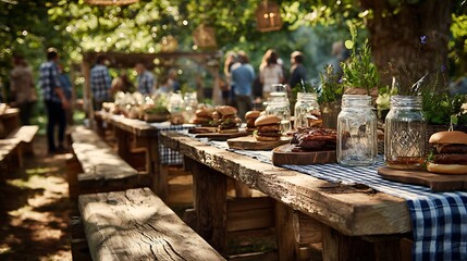 Rustic outdoor dining table with food and people enjoying the meal.