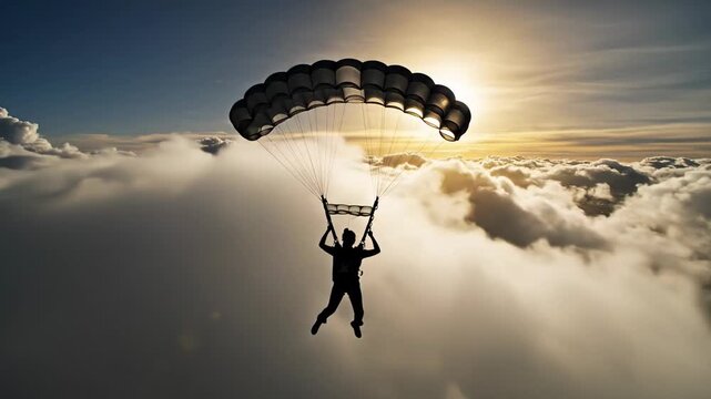 Spectacular Skydiver Soaring Through the Clouds with Parachute in the Sky.