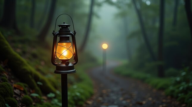 Enchanted forest path lit by glowing lanterns at dusk