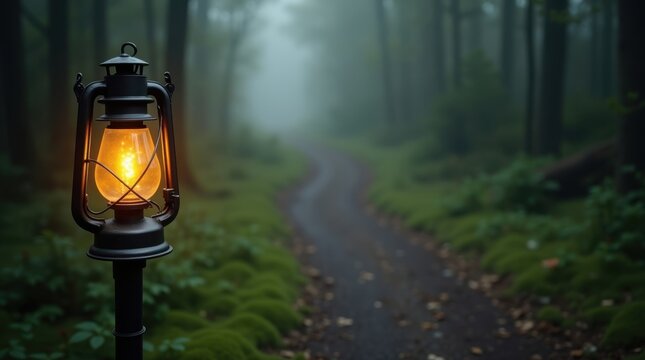 Enchanted forest path lit by glowing lanterns at dusk