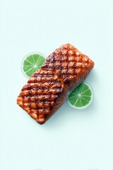 A piece of grilled salmon with grill marks and two lime slices on a white background. The image is a top-down view.