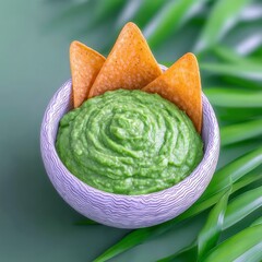 Close-up of a bowl of guacamole with tortilla chips, set against a green background with tropical leaves.