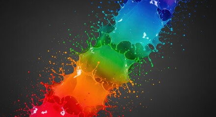 Naklejka premium Vibrant Rainbow Paint Splashes on Dark Gray Background, Dynamic Fluid Art