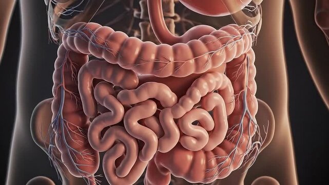 Detailed 3D Rendering of Human Digestive System Anatomy with Stomach, Intestines, and Colon on Brown Background for Medical Educational Illustration