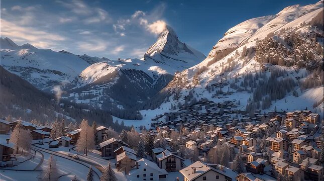 Majestic Aerial Perspective of Zermatt Village in Winter