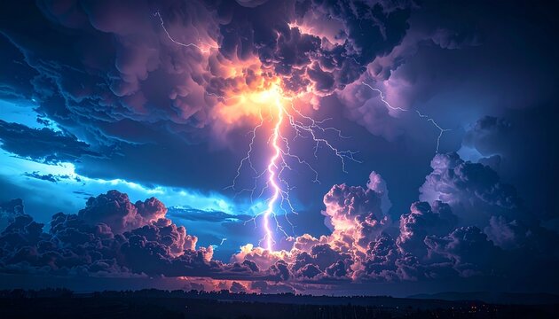 雷が落ちる瞬間の劇的な嵐の空景色