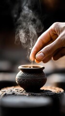 Close-up of a hand gently touching a small, ornate pot with smoke rising, creating an atmospheric and mysterious scene.