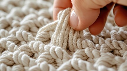 Close-up of a hand touching a macrame knot pattern, showcasing texture and detail. Soft, natural lighting.