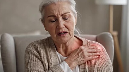 Elderly Woman Experiencing Sudden Shoulder Pain and Discomfort at Home