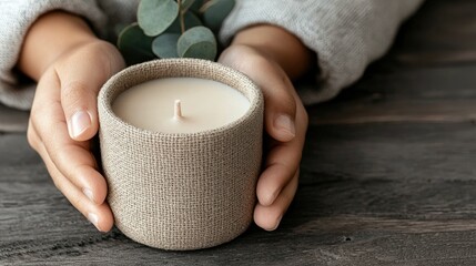 Close-up of hands holding a lit candle in a textured holder, with eucalyptus leaves, set on a dark wooden table, creating a cozy and relaxing atmosphere.