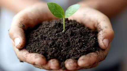 Close-up of hands holding a small seedling growing in soil. The image highlights the beginning of new life and growth.