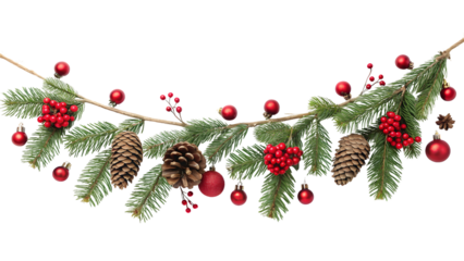 Festive christmas garland with pinecones and red ornaments