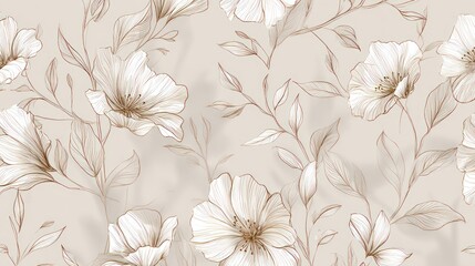 Seamless, delicate botanical illustration with sketched ivory flowers and sepia-toned foliage on beige