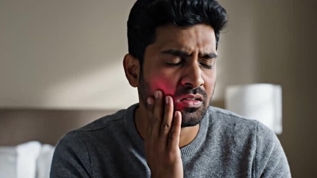 Expression of pain and discomfort in a man holding his jaw during dental