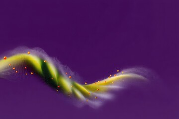 An abstract image featuring a wavy line with yellow and green hues, dotted with orange spheres, set against a deep purple background.