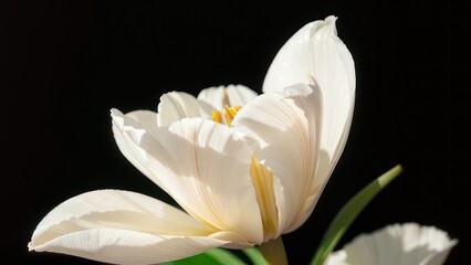 A delicate, creamy white tulip blossoms against a dark background, showcasing the intricate detail of its soft petals and subtle variations in light and shadow.