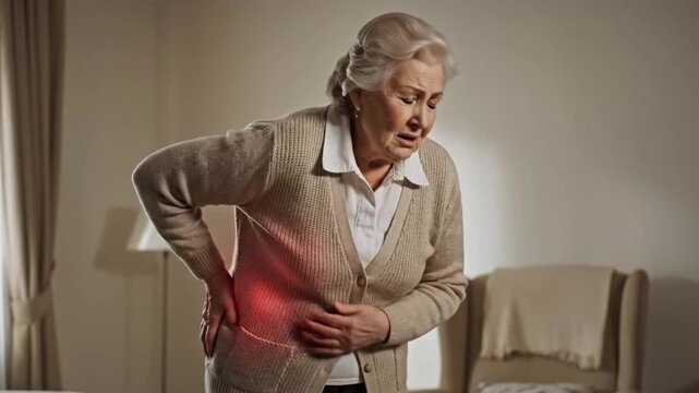 Elderly Woman Experiencing Sudden Back Pain in Indoor Setting Demonstrating