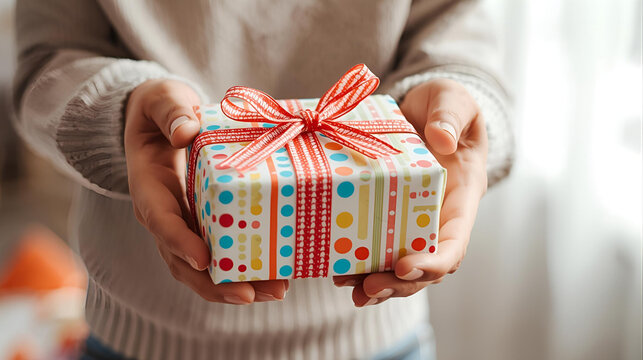 a person's hand holding out birthday present with a red ribbon, ai - Powered by Adobe