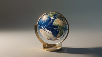 A detailed, decorative globe, showcasing the world's geographical features within a golden, transparent stand.
