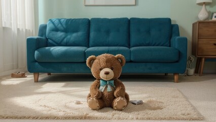 A cozy living room setting with a teal sofa and a teddy bear seated on a light beige rug.