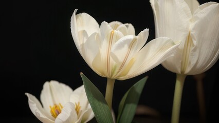 Close-up of three exquisite pale cream tulips, showcasing delicate petals and subtle striations against a deep black backdrop.